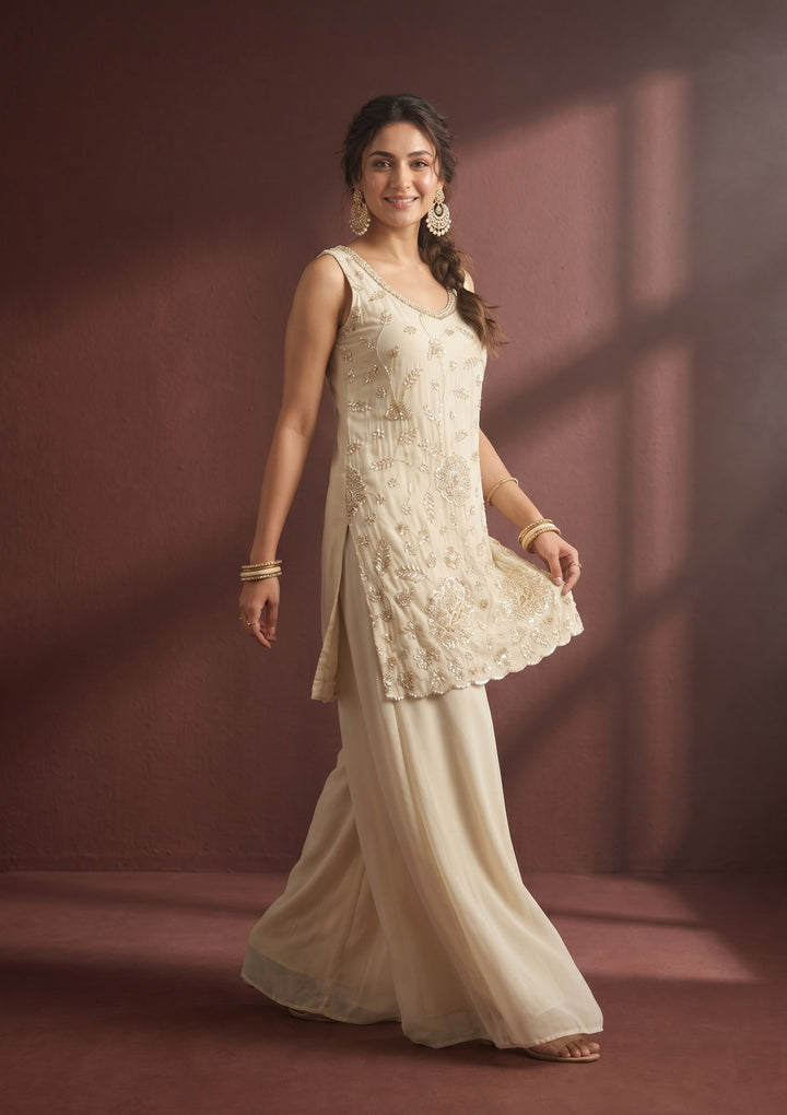 Cream Cutdana Tissue Readymade Salwar Suit