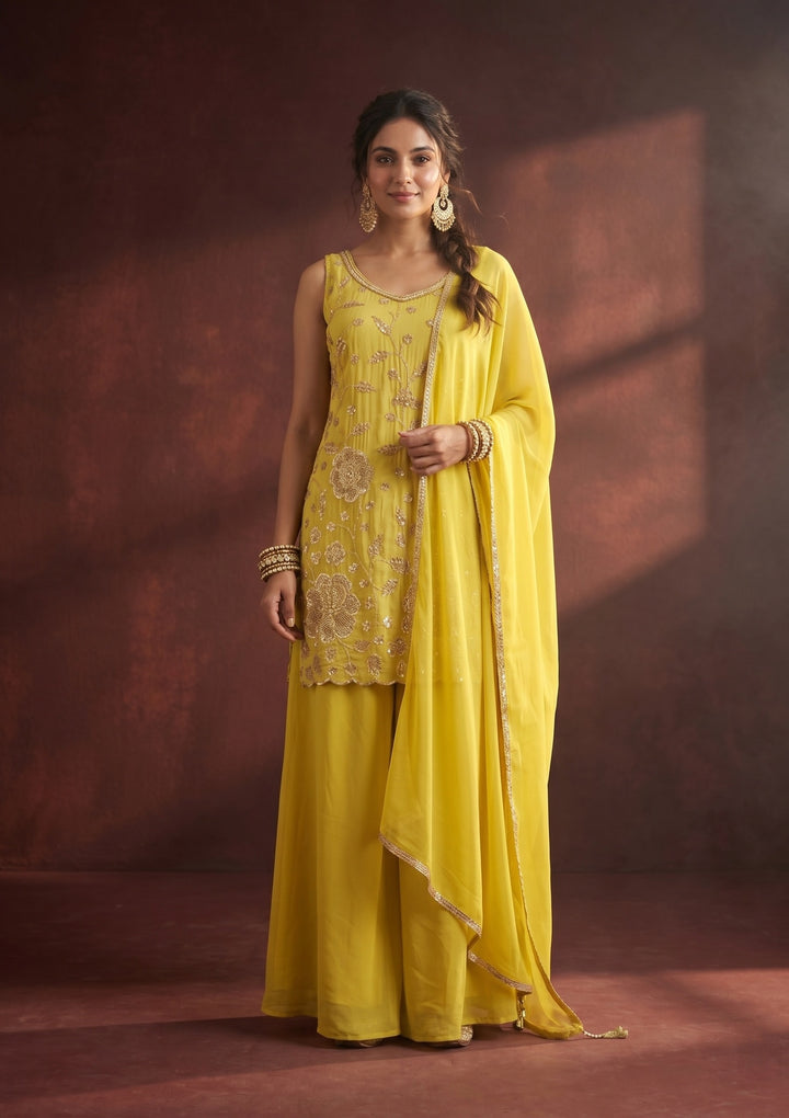 Yellow Cutdana Tissue Readymade Salwar Suit