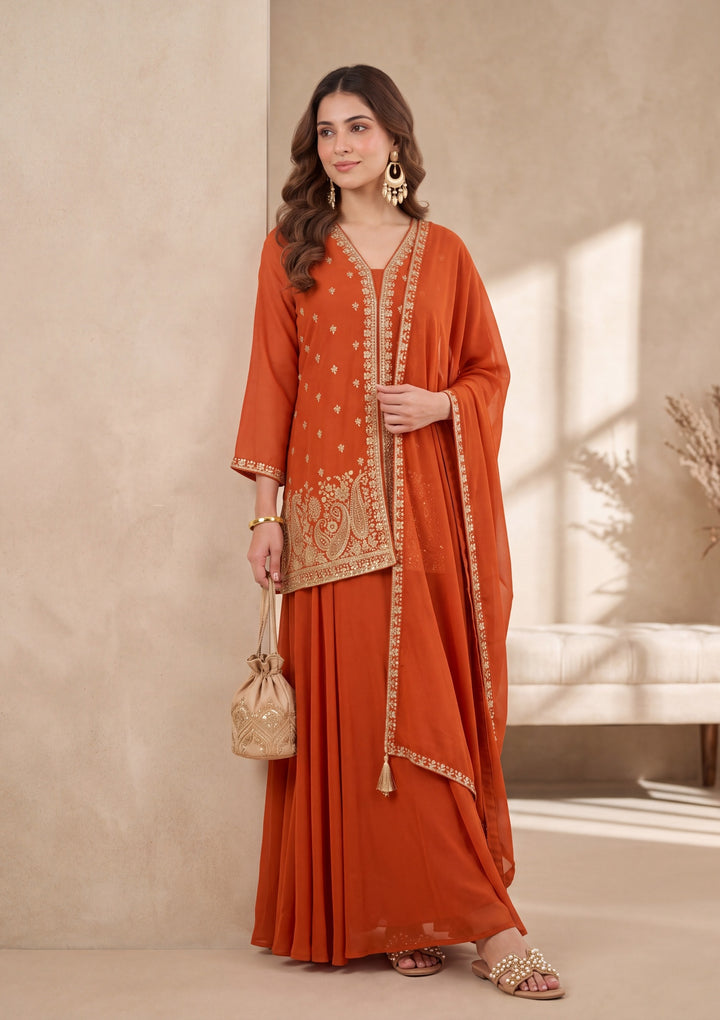Orange Georgette Cutdana Straight Kurta With Palazzo And Dupatta