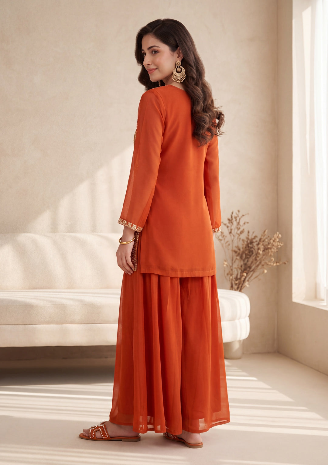 Orange Georgette Cutdana Straight Kurta With Palazzo And Dupatta