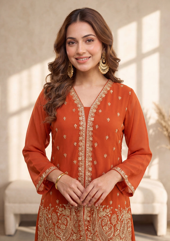 Orange Georgette Cutdana Straight Kurta With Palazzo And Dupatta