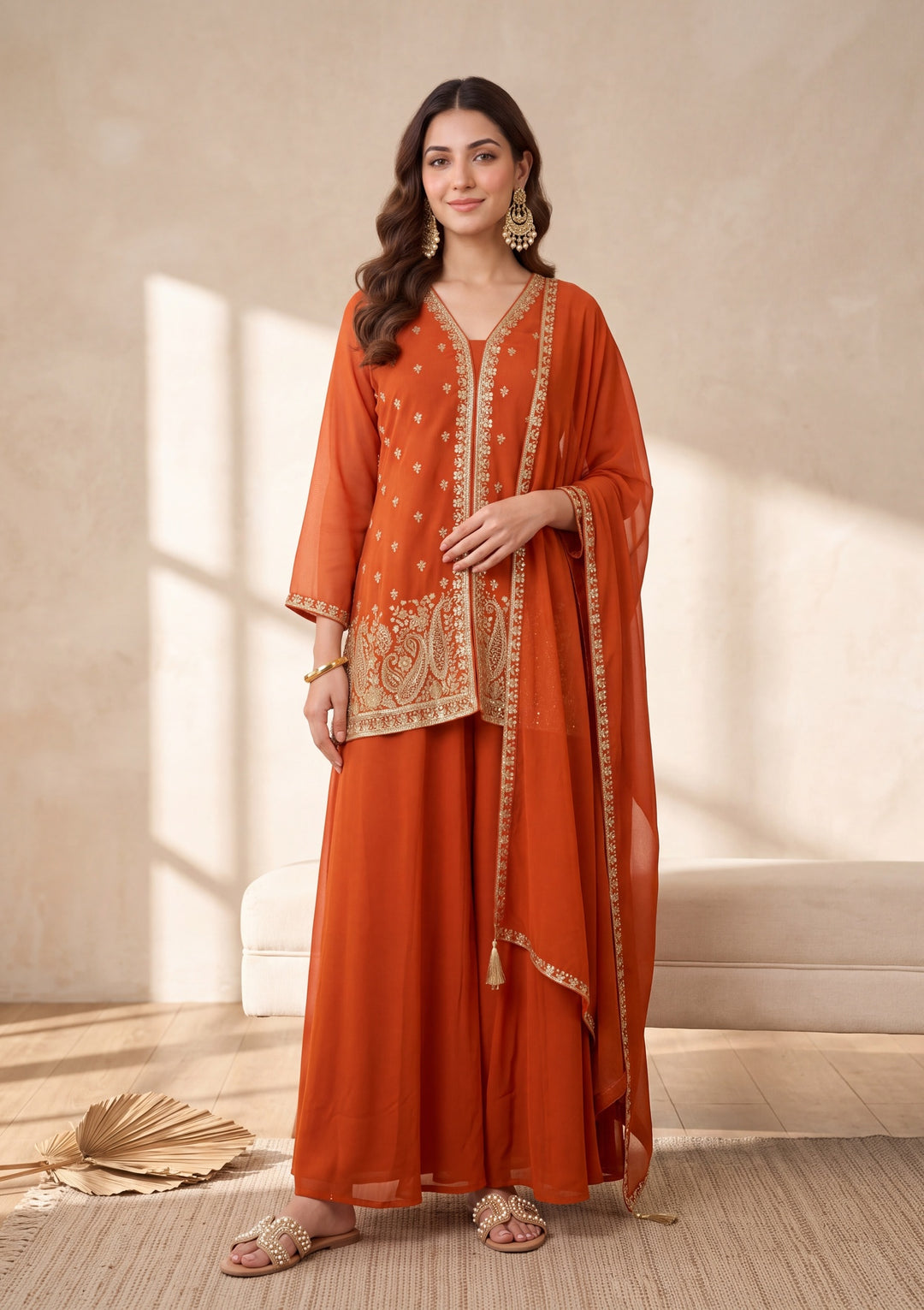 Orange Georgette Cutdana Straight Kurta With Palazzo And Dupatta
