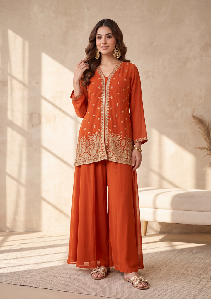 Orange Georgette Cutdana Straight Kurta With Palazzo And Dupatta