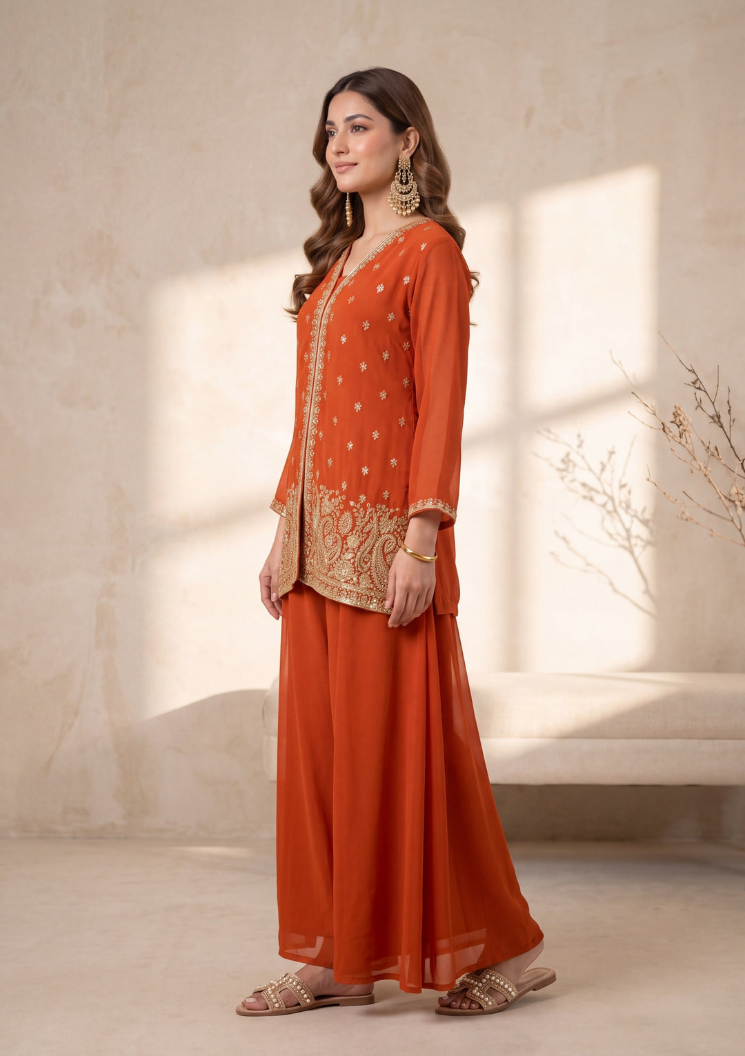 Orange Georgette Cutdana Straight Kurta With Palazzo And Dupatta