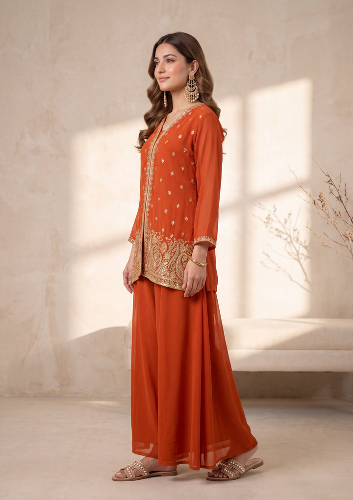 Orange Georgette Cutdana Straight Kurta With Palazzo And Dupatta
