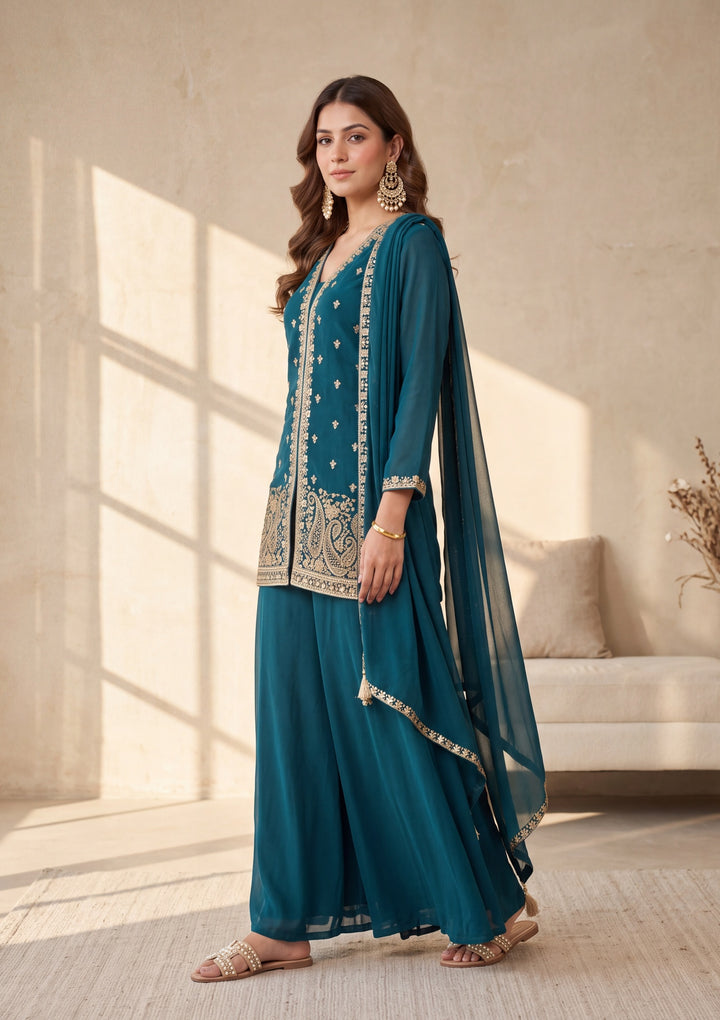 Peacock Blue Cutdana Georgette Readymade Salwar Suit