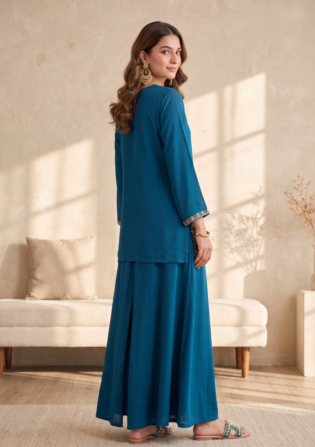 Peacock Blue Cutdana Georgette Readymade Salwar Suit