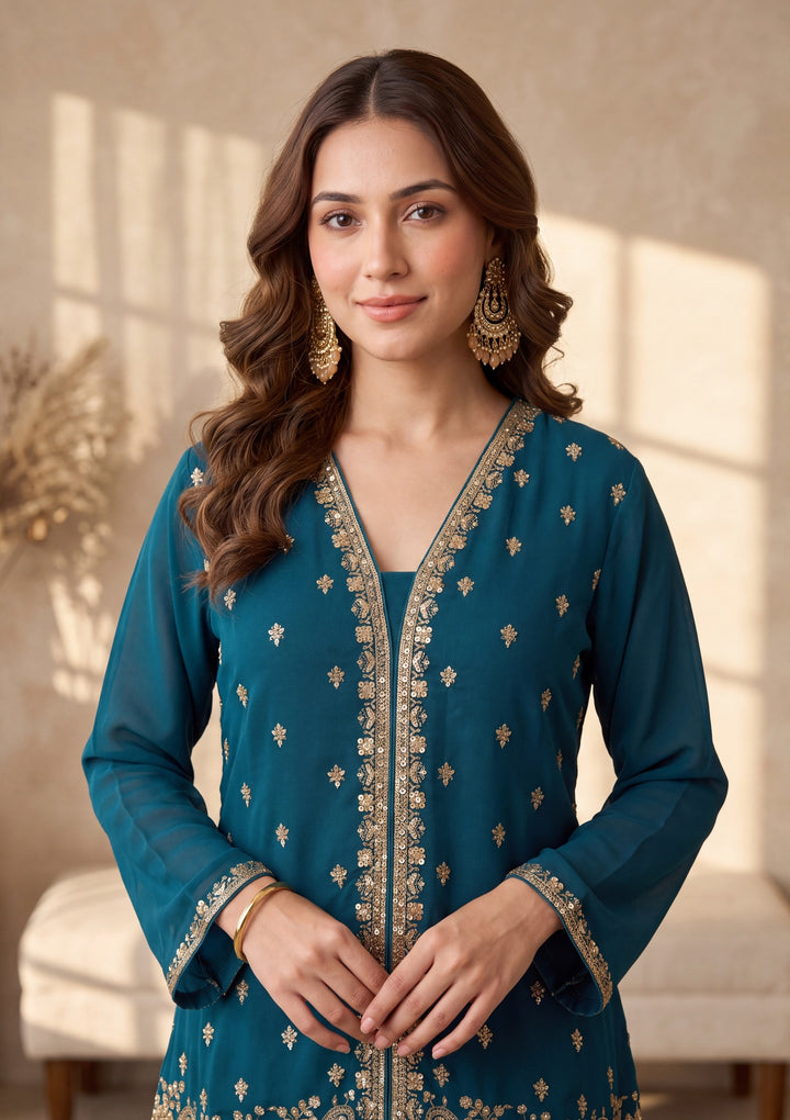 Peacock Blue Cutdana Georgette Readymade Salwar Suit