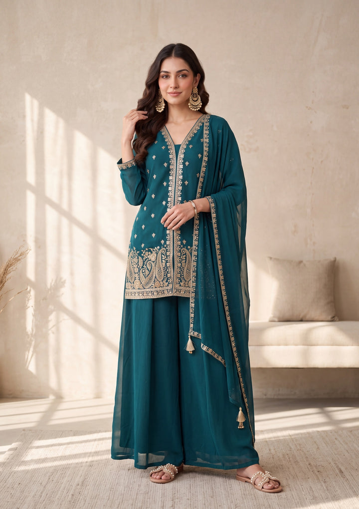Peacock Blue Cutdana Georgette Readymade Salwar Suit