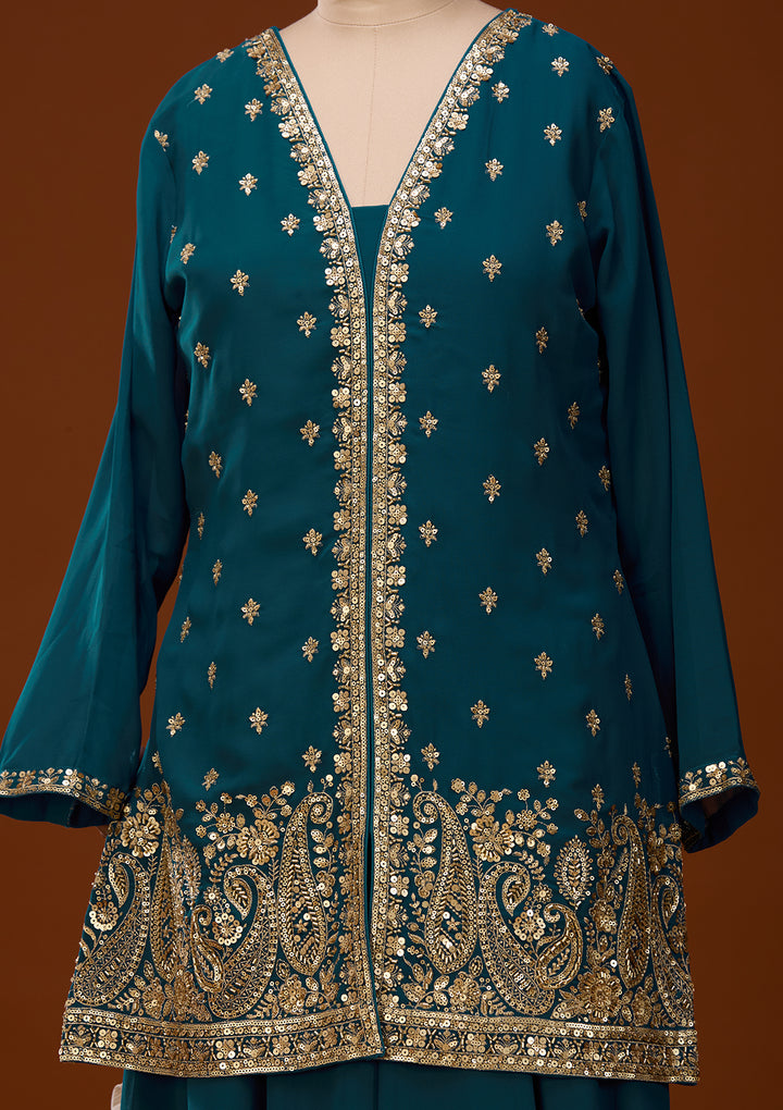 Peacock Blue Cutdana Georgette Readymade Salwar Suit