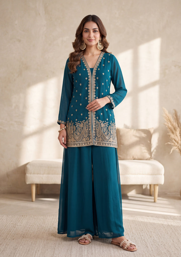 Peacock Blue Cutdana Georgette Readymade Salwar Suit