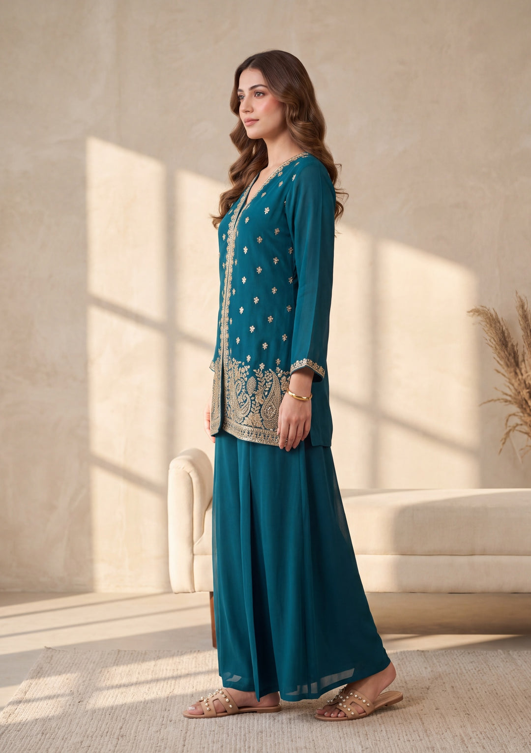 Peacock Blue Cutdana Georgette Readymade Salwar Suit