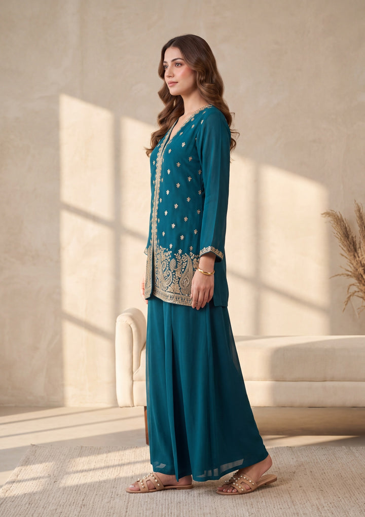 Peacock Blue Cutdana Georgette Readymade Salwar Suit