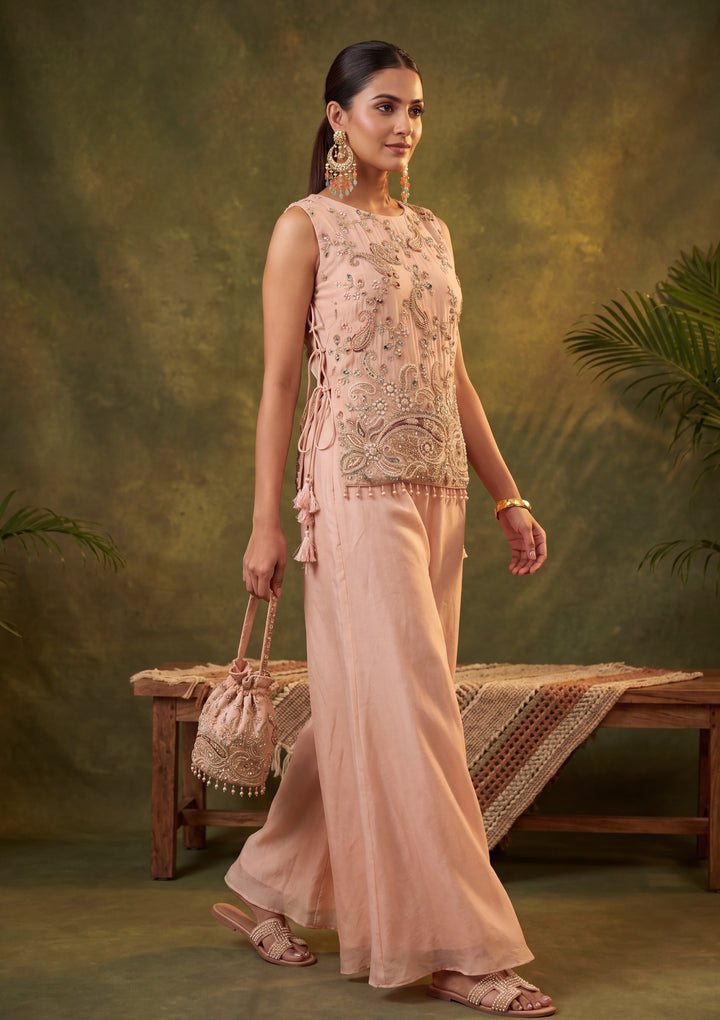 Peach Cutdana Tissue Readymade Salwar Suit
