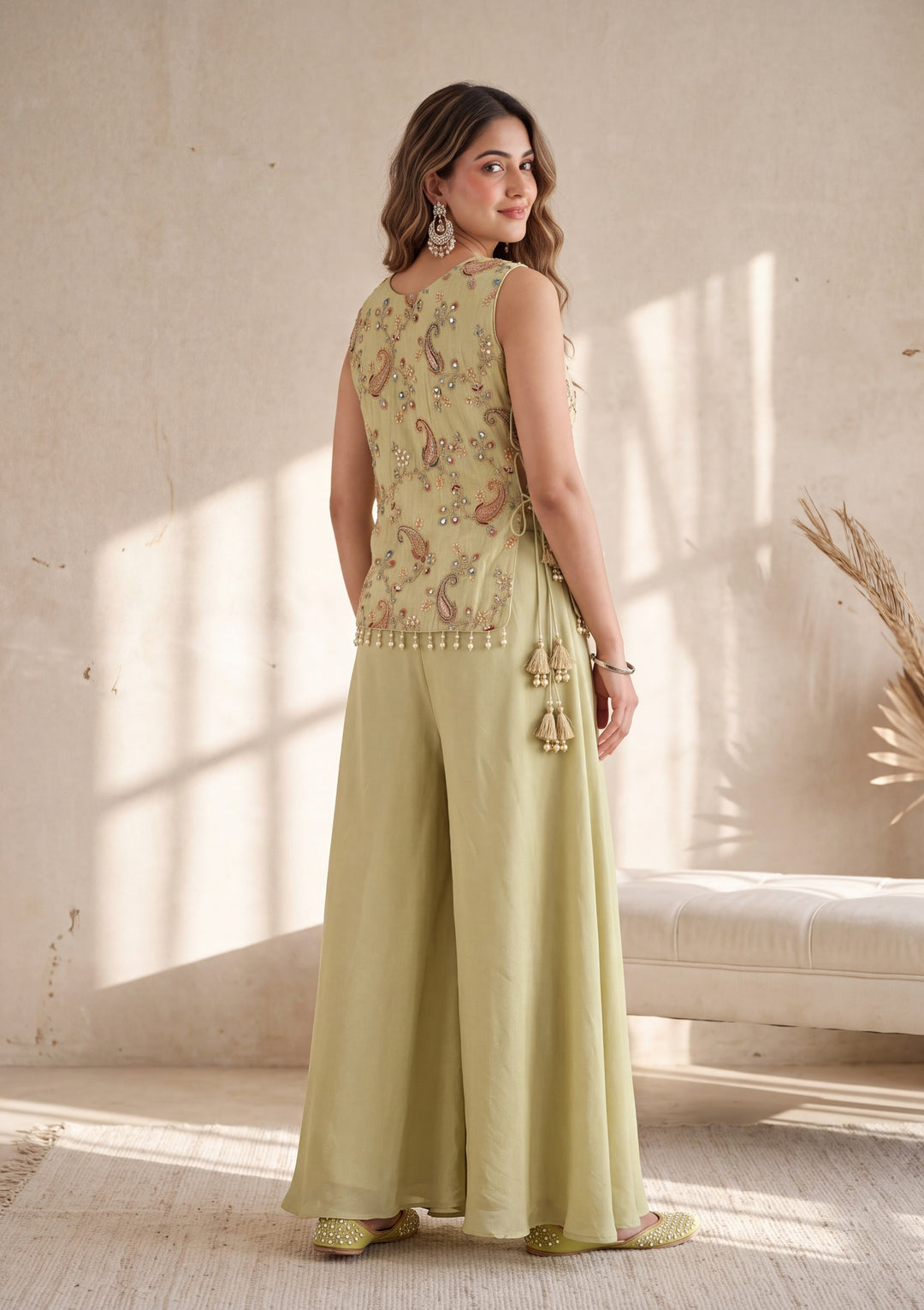 Pista Green Cutdana Tissue Readymade Salwar Suit