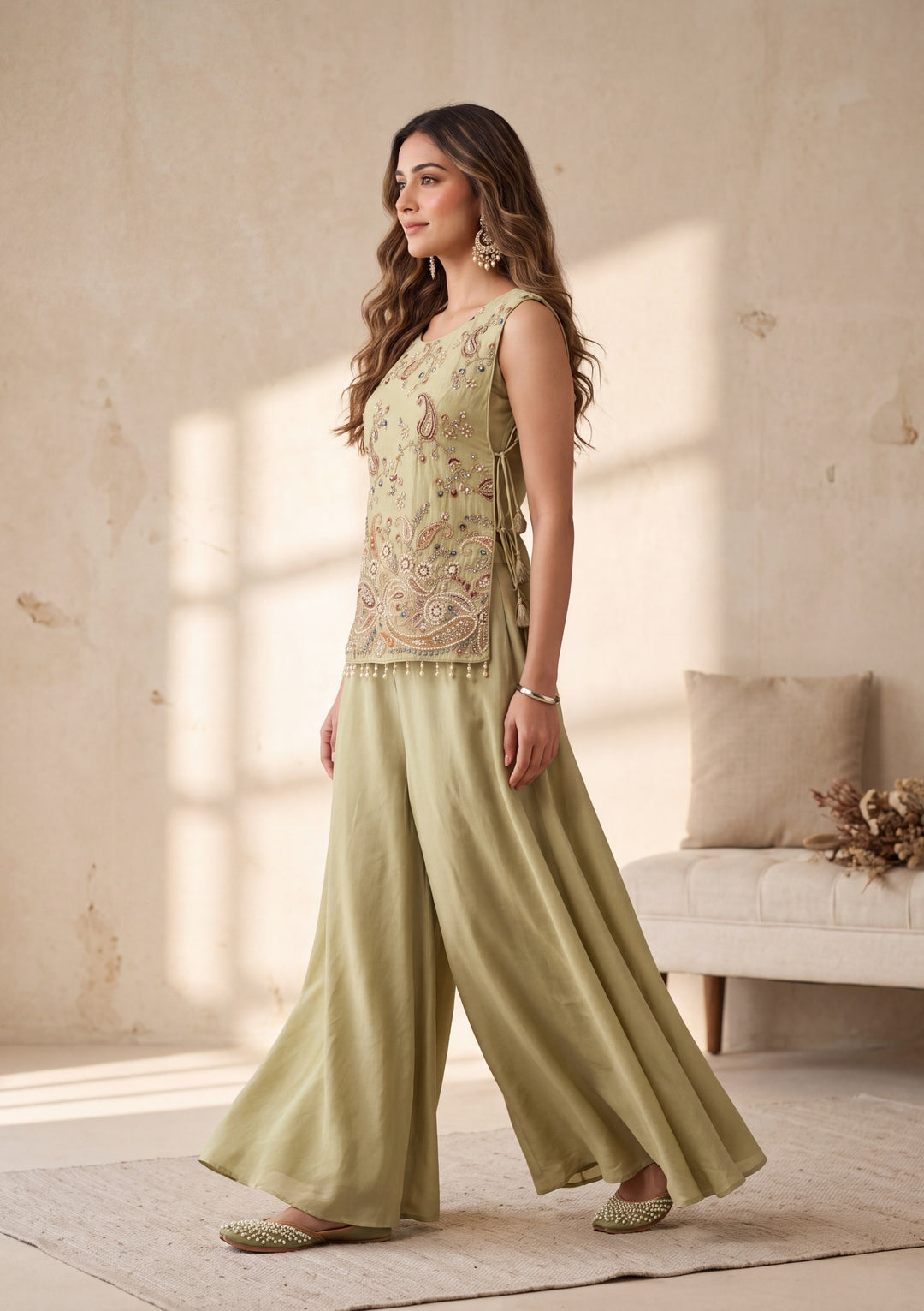 Pista Green Cutdana Tissue Readymade Salwar Suit