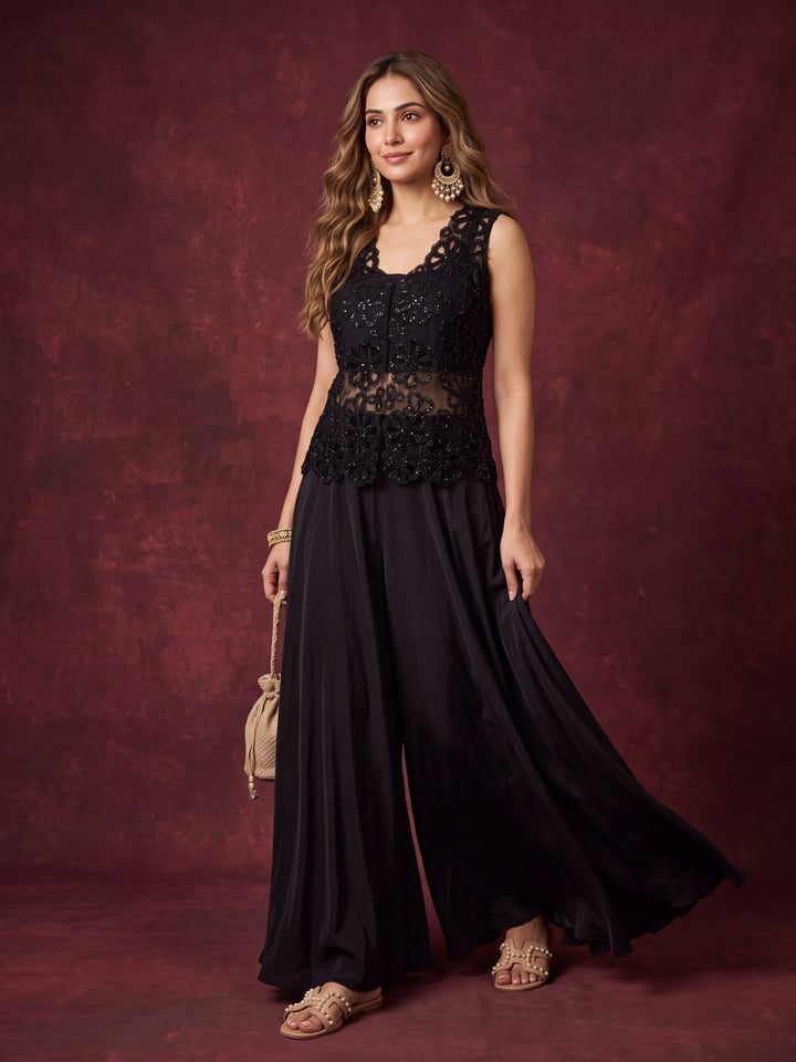 Black Crepe Cutdana Jacket Kurta With Palazzo And Dupatta