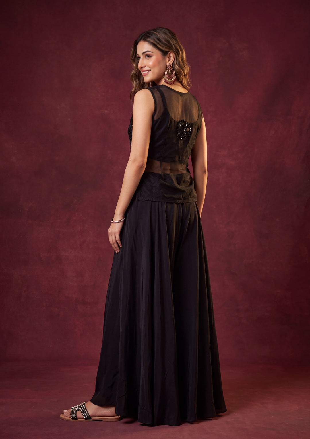 Black Crepe Cutdana Jacket Kurta With Palazzo And Dupatta