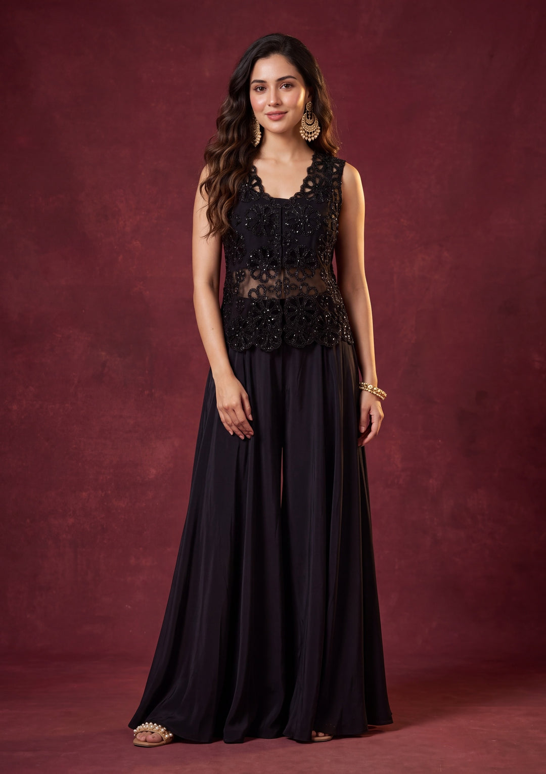 Black Crepe Cutdana Jacket Kurta With Palazzo And Dupatta