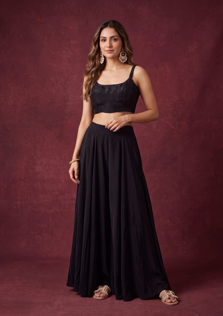 Black Crepe Cutdana Jacket Kurta With Palazzo And Dupatta