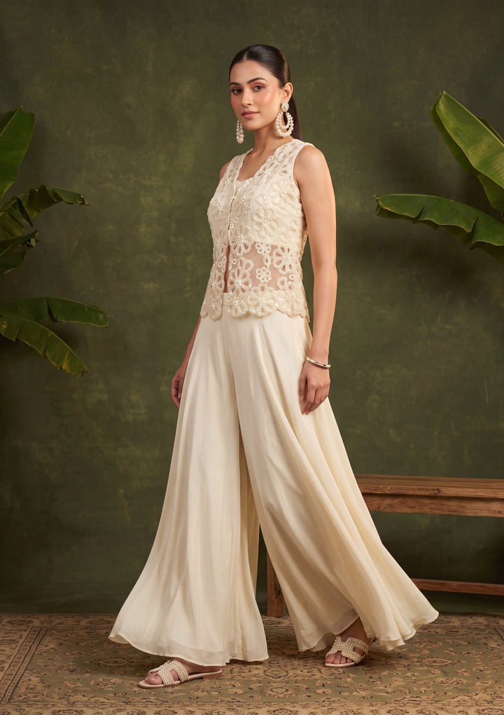 Off White Cutdana Crepe Readymade Salwar Suit