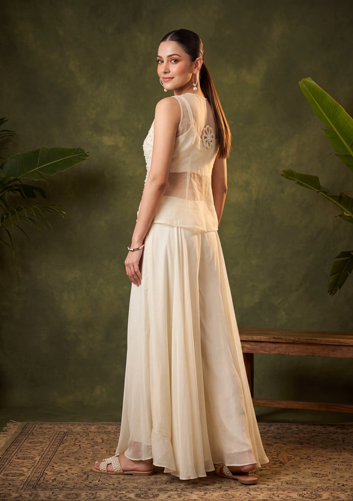 Off White Cutdana Crepe Readymade Salwar Suit