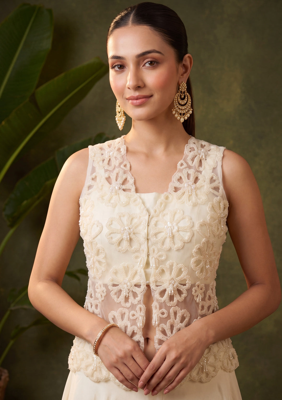 Off White Cutdana Crepe Readymade Salwar Suit
