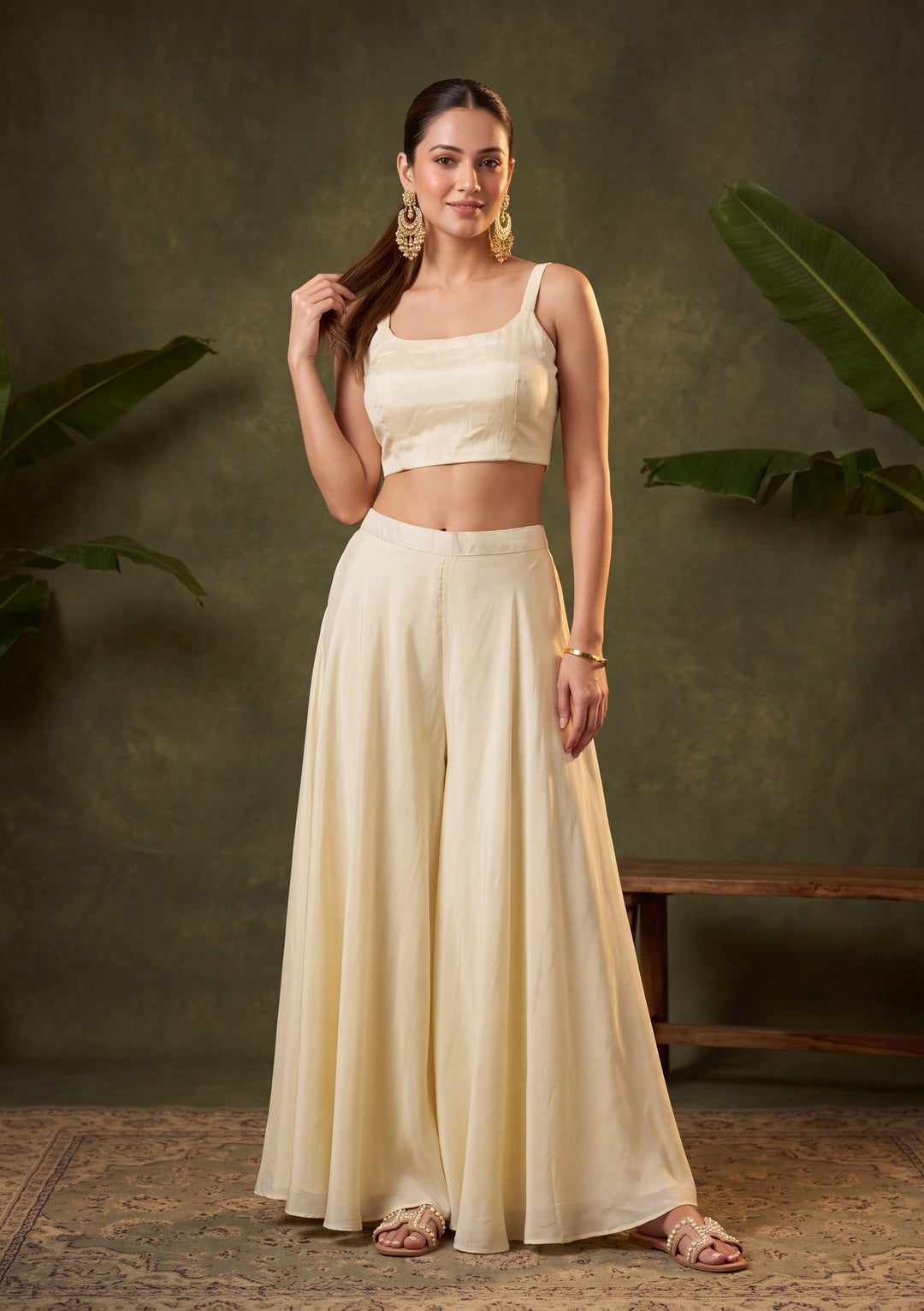 Off White Cutdana Crepe Readymade Salwar Suit