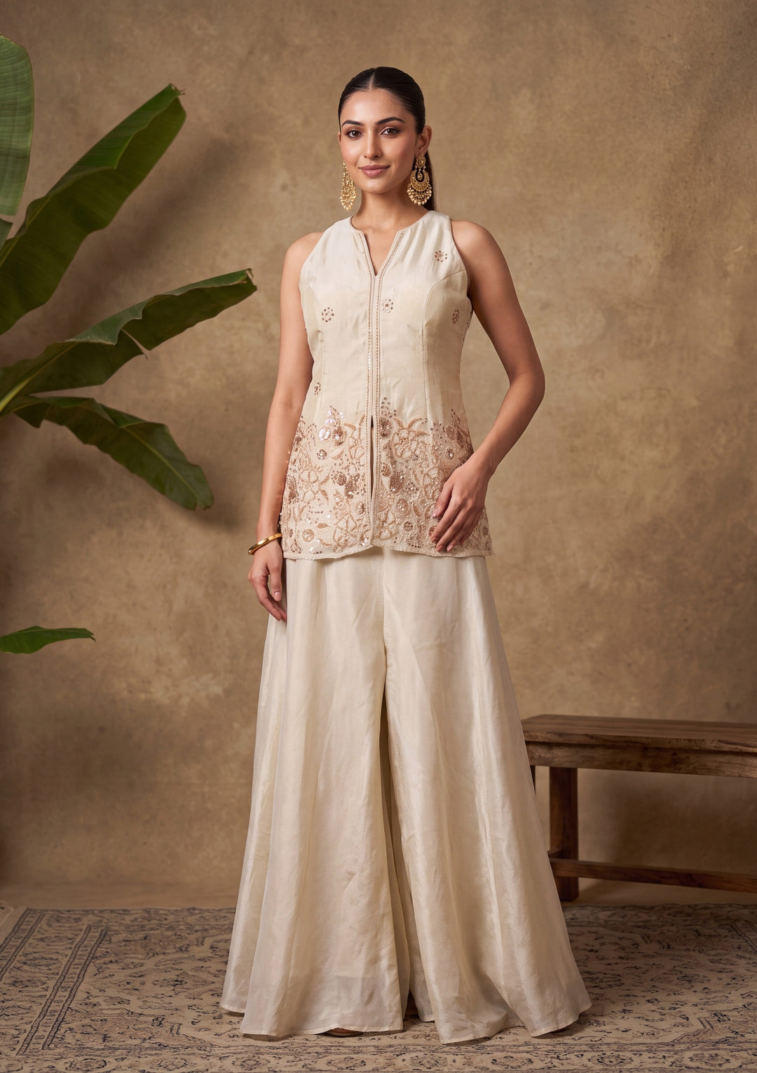 Cream Cutdana Tissue Readymade Salwar Suit