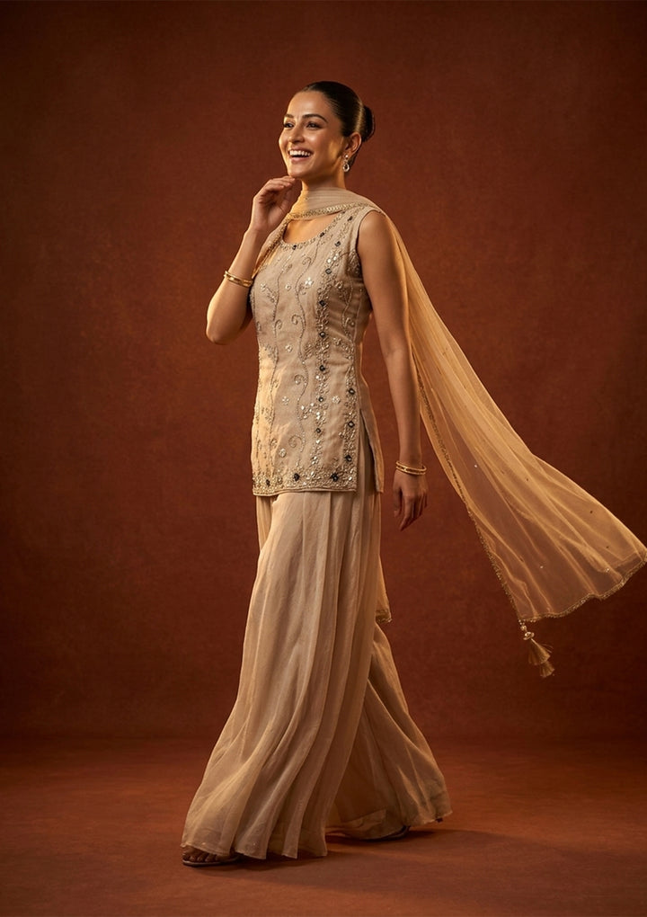 Beige Tissue Cutdana Straight Kurta With Palazzo And Dupatta
