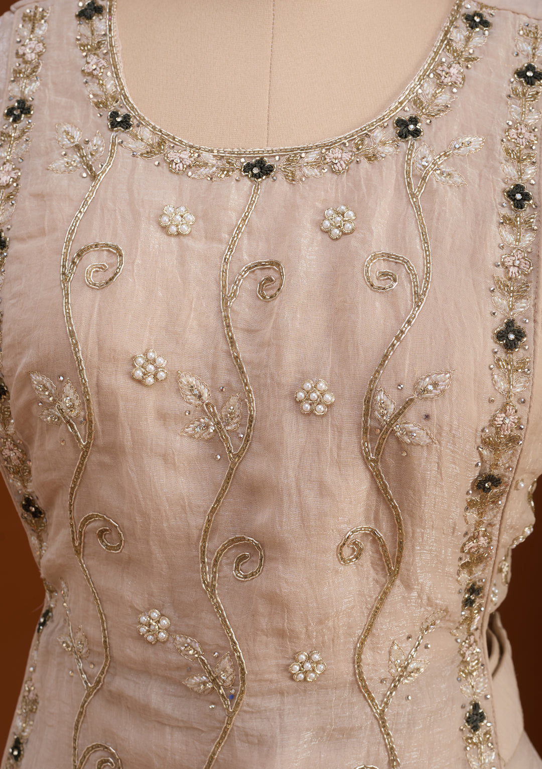 Beige Tissue Cutdana Straight Kurta With Palazzo And Dupatta