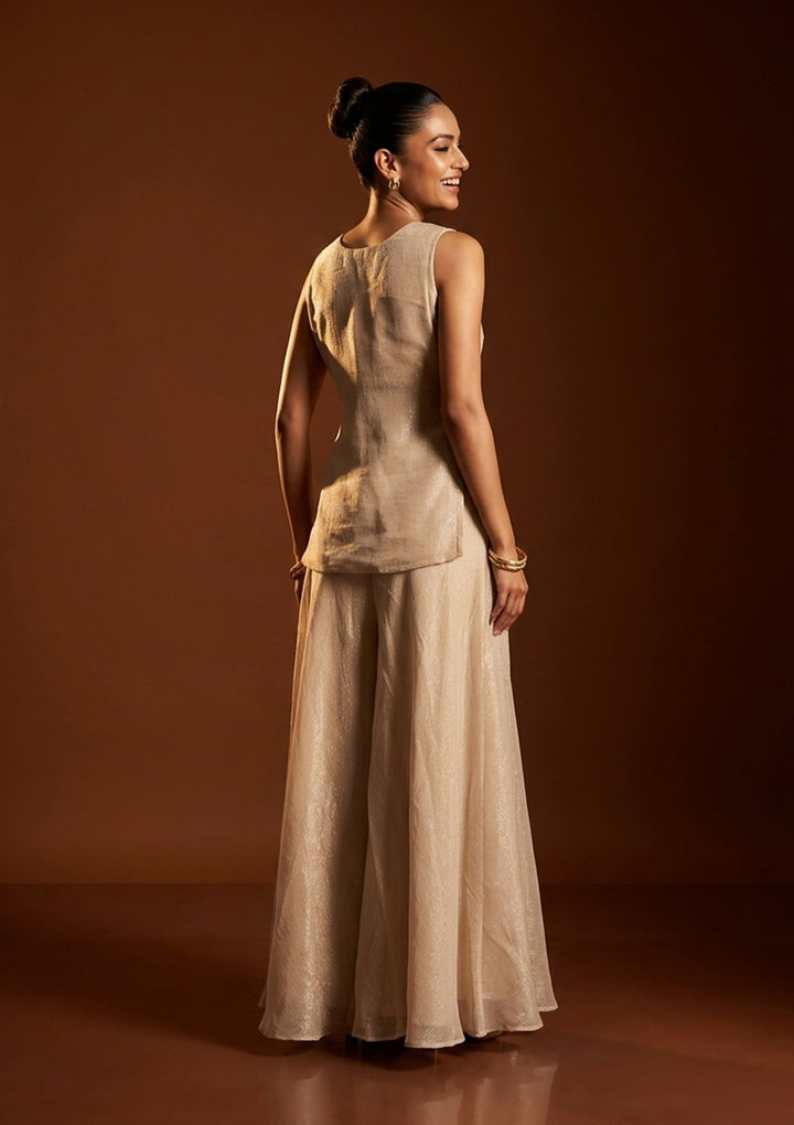 Beige Tissue Cutdana Straight Kurta With Palazzo And Dupatta