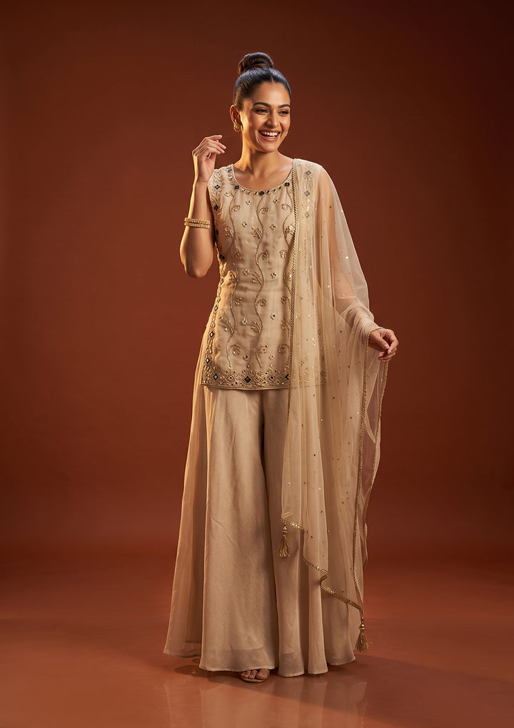 Beige Tissue Cutdana Straight Kurta With Palazzo And Dupatta