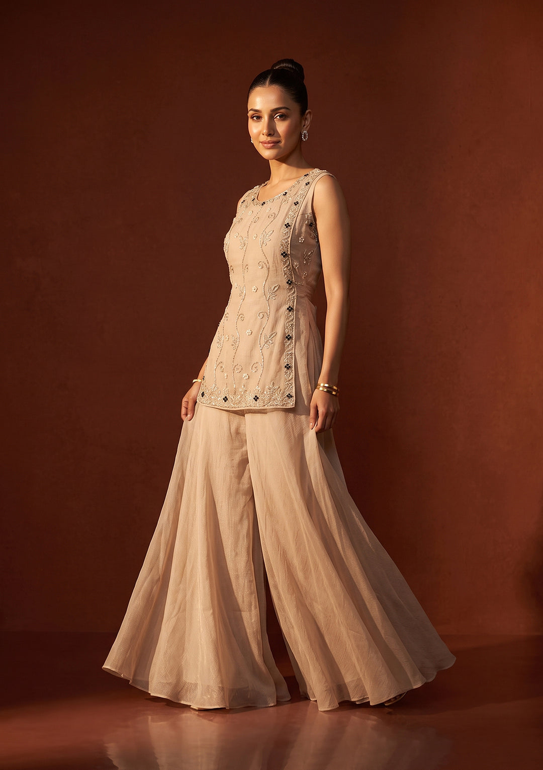 Beige Tissue Cutdana Straight Kurta With Palazzo And Dupatta