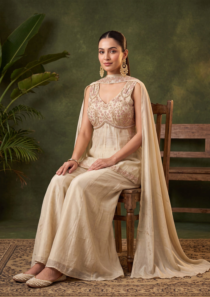 Cream Zariwork (Gold) Chinon Readymade Salwar Suit