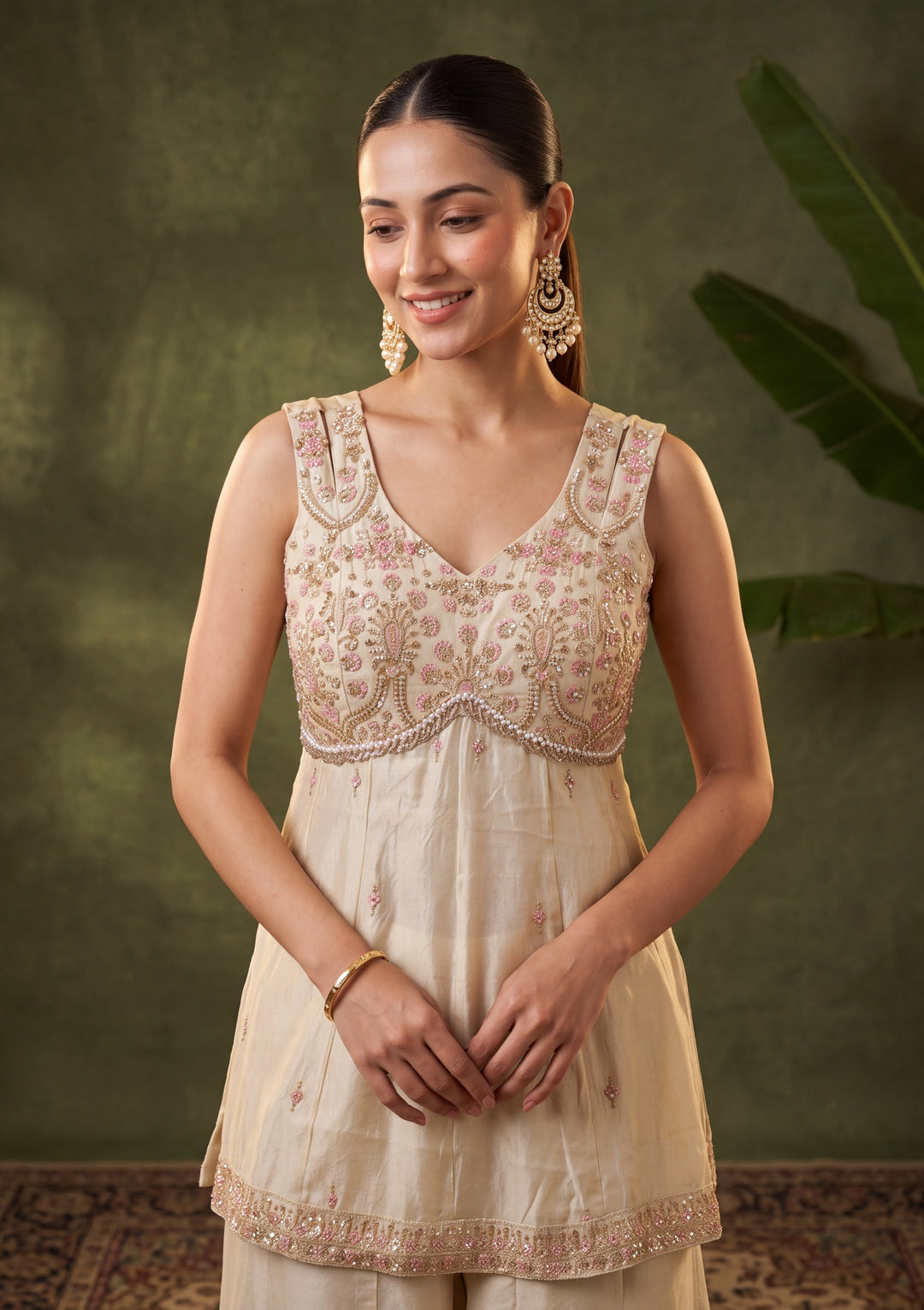 Cream Zariwork (Gold) Chinon Readymade Salwar Suit