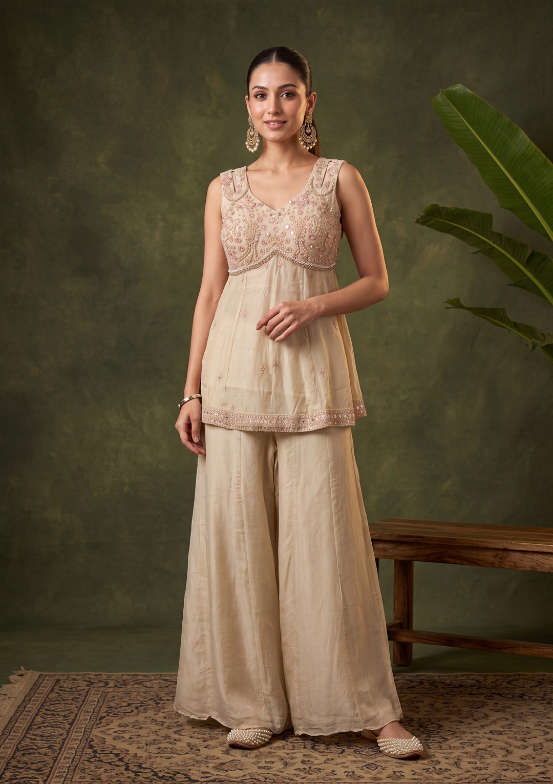 Cream Zariwork (Gold) Chinon Readymade Salwar Suit