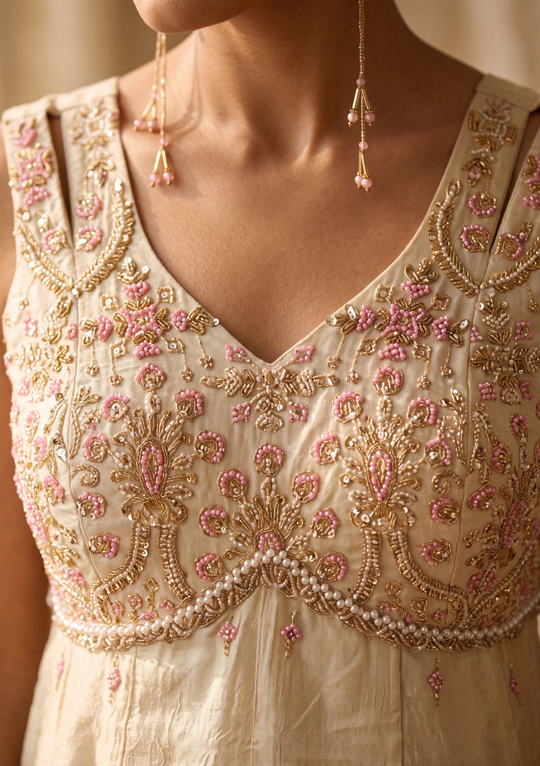 Cream Zariwork (Gold) Chinon Readymade Salwar Suit