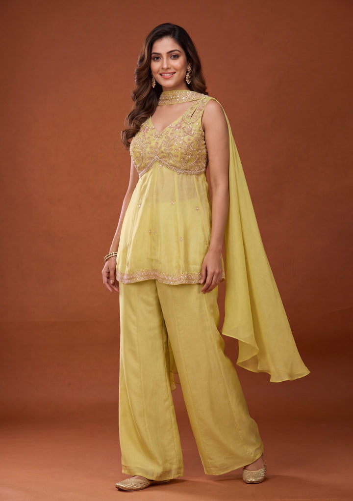 Lime Green Zariwork Chinon Readymade Salwar Suit
