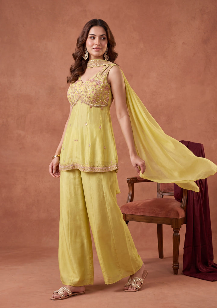 Lime Green Zariwork Chinon Readymade Salwar Suit