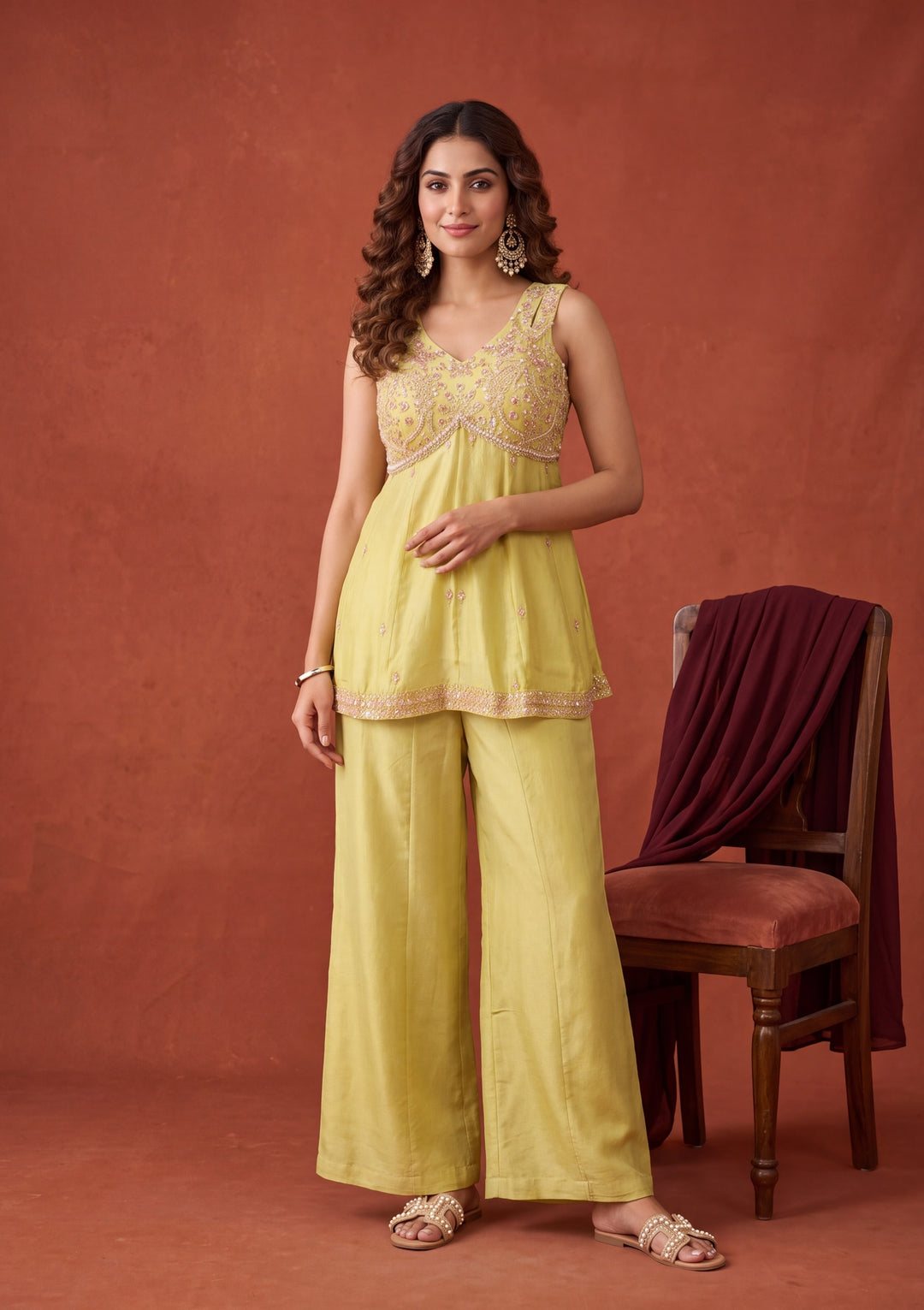 Lime Green Zariwork Chinon Readymade Salwar Suit