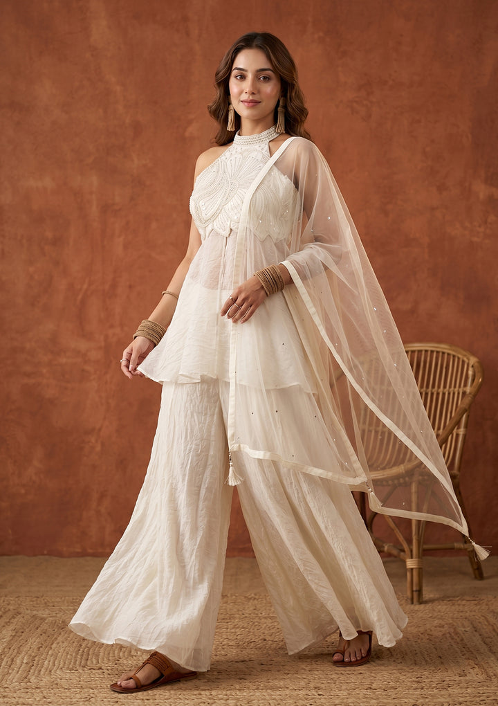 Off White Cutdana Tissue Readymade Salwar Suit