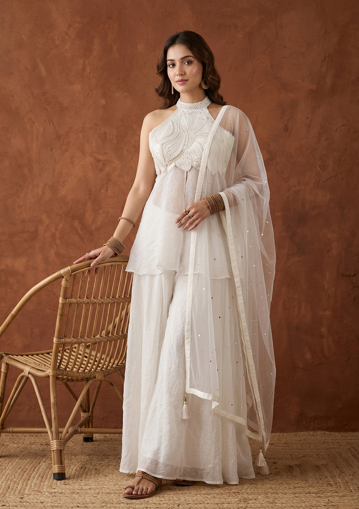 Off White Cutdana Tissue Readymade Salwar Suit