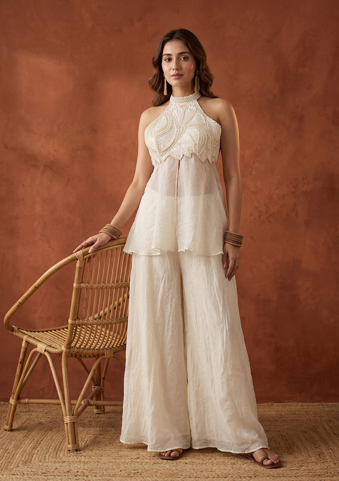 Off White Cutdana Tissue Readymade Salwar Suit