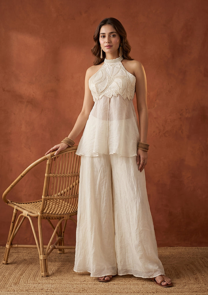 Off White Cutdana Tissue Readymade Salwar Suit