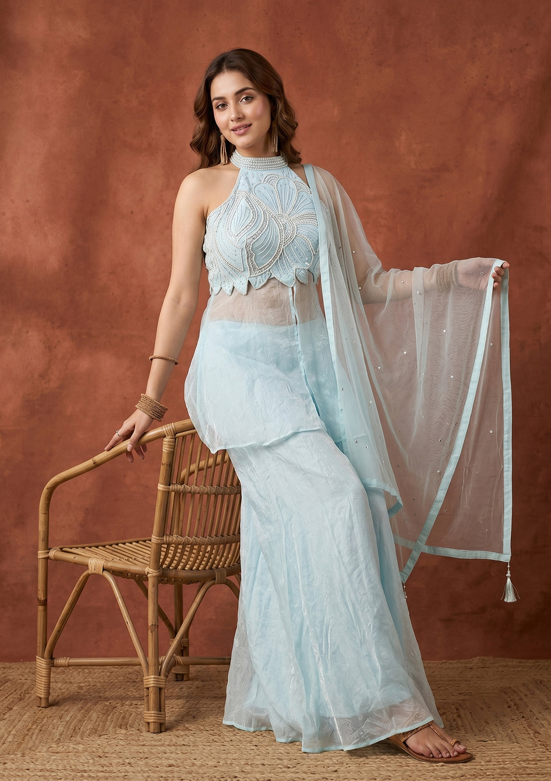 Sky Blue Cutdana Tissue Readymade Salwar Suit