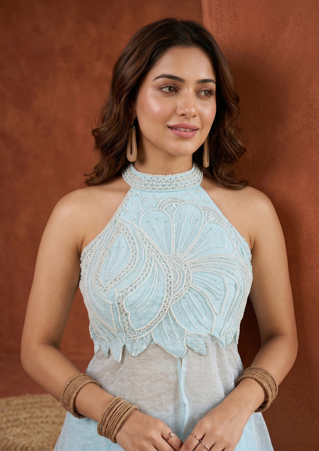 Sky Blue Cutdana Tissue Readymade Salwar Suit