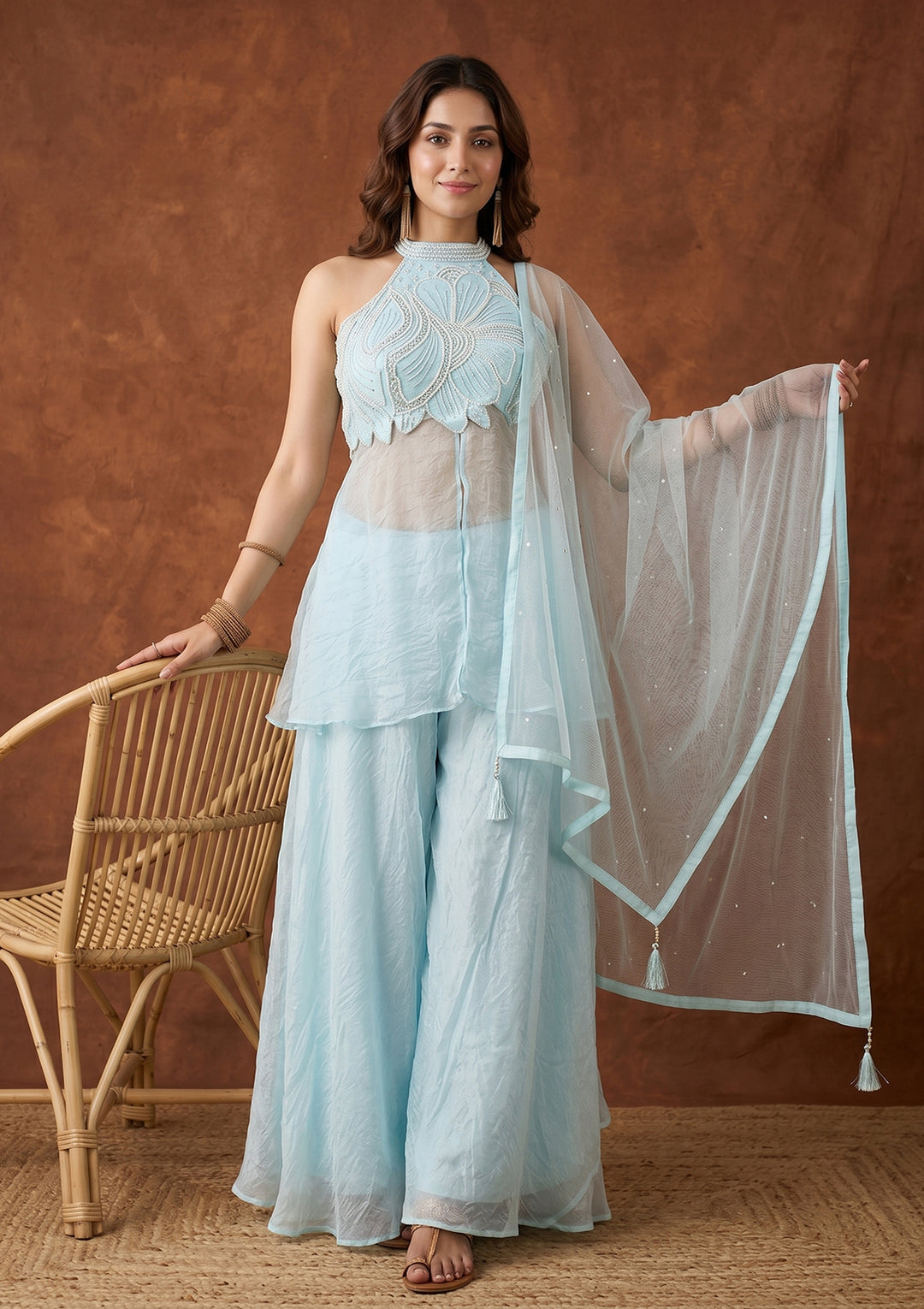 Sky Blue Cutdana Tissue Readymade Salwar Suit