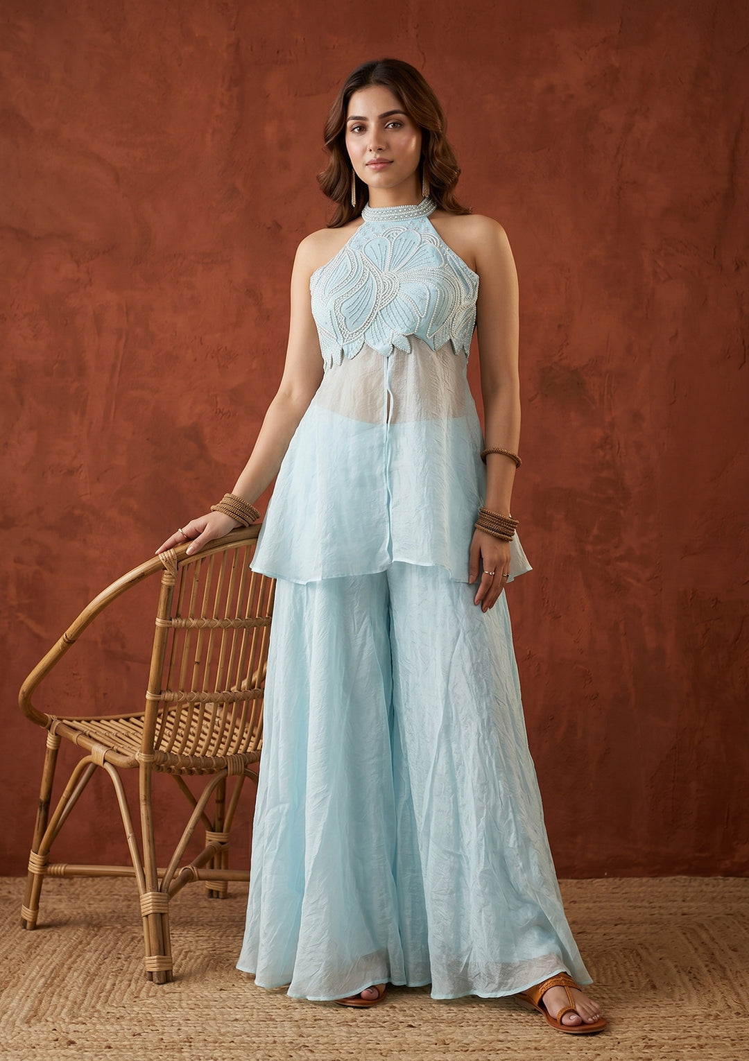 Sky Blue Cutdana Tissue Readymade Salwar Suit