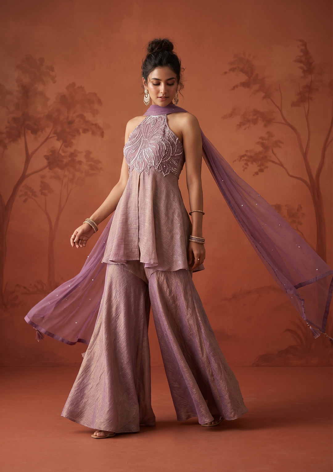 Mauve Cutdana Tissue Readymade Salwar Suit